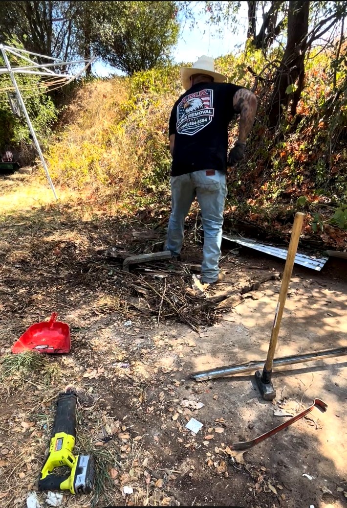 AMR Junk Removal crew clearing brush and yard debris on a residential job