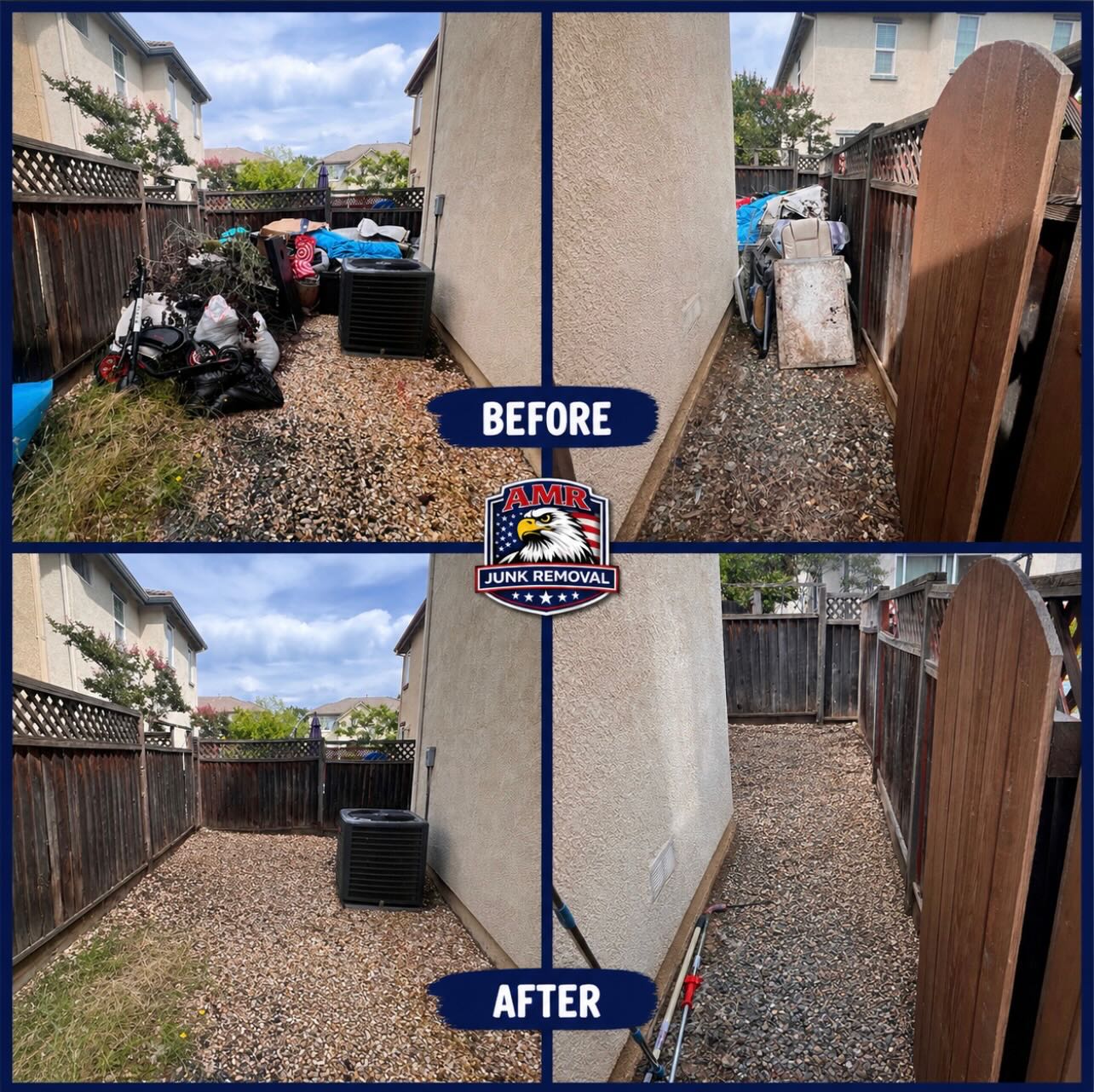 Before and after photos of an AMR Junk Removal side-yard cleanout — junk piled high, then the same space fully cleared