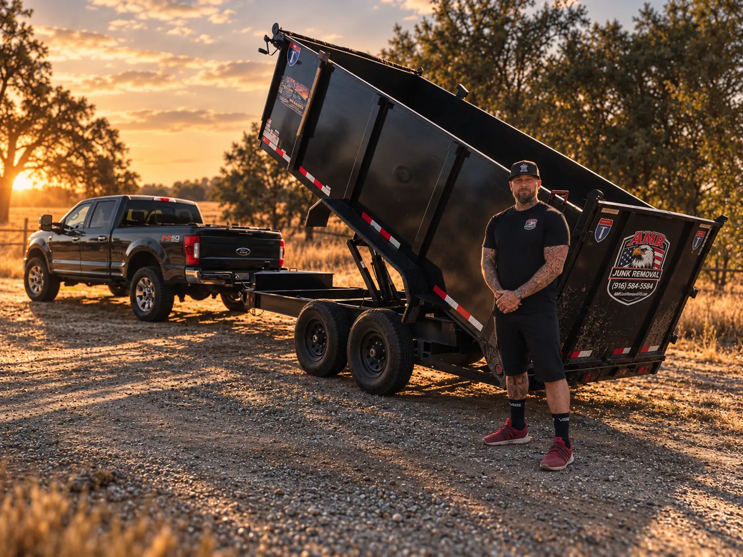 AMR Junk Removal crew member standing beside a branded dump trailer and Ford F-250 truck at sunset in Lincoln, CA