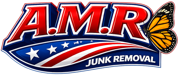 A.M.R. Junk Removal logo with American flag motif and monarch butterfly